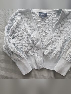 ModCloth Powder Blue Openwork V-Neck Cropped Cardigan